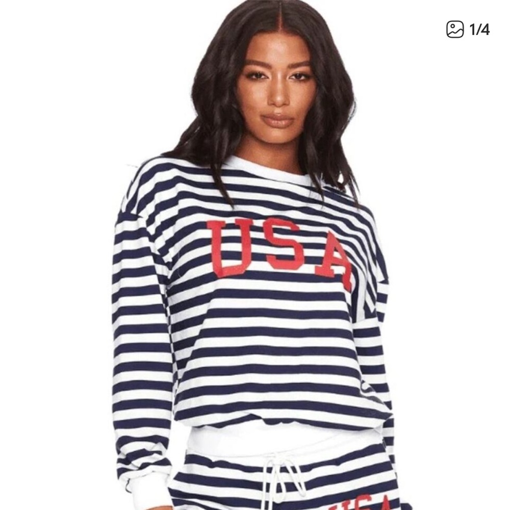 Beach Riot Navy & White Striped Crewneck with Red USA Lettering